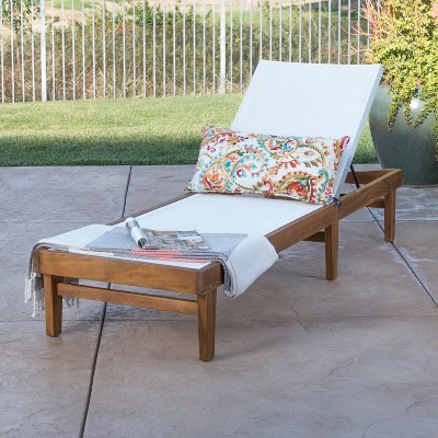 Summerland Teak Finish Acacia Wood Chaise Lounge with White Mesh