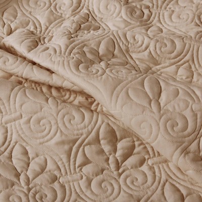 Khaki Queen Microfiber Quilted Bedspread Set with Floral Motif
