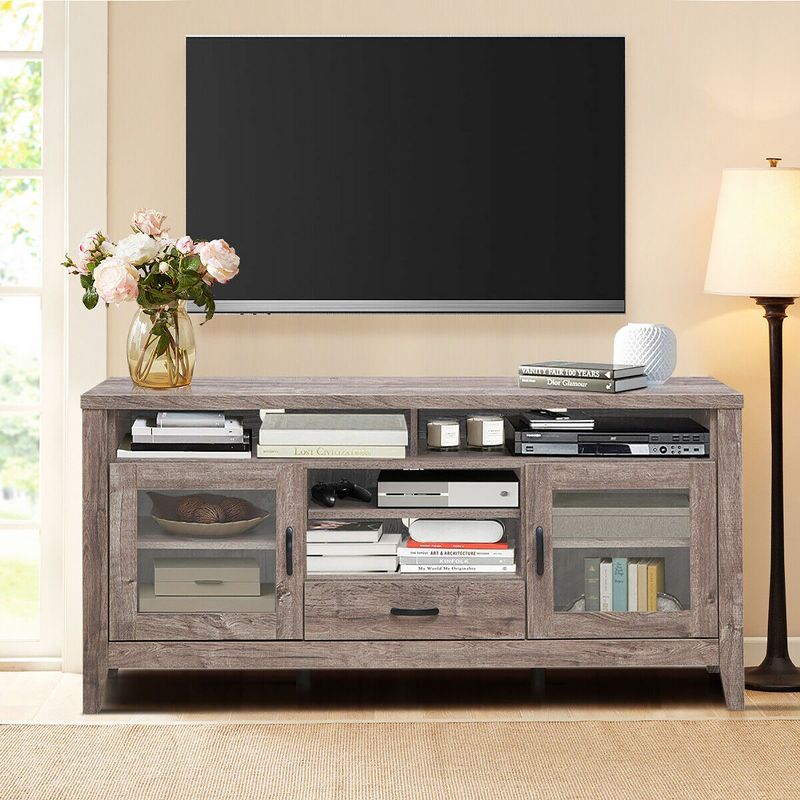 Costway TV Stand Tall Entertainment Center Hold up to 65'' TV w/ Glass Storage & Drawer, 5 of 11