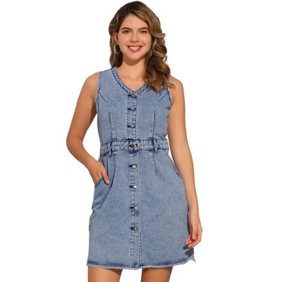 INSPIRE CHIC Women's Sleeveless Button Down V Neck Pockets Work Office Casual Mini Denim Dress