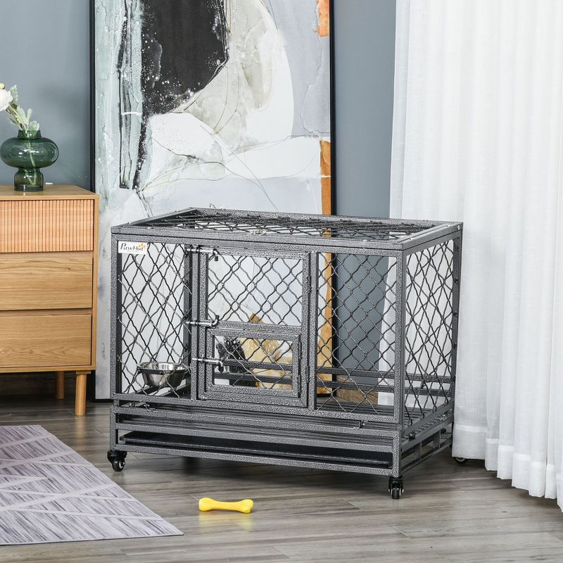 PawHut 36.5" Heavy Duty Dog Crate Metal Kennel and Cage Dog Playpen with Lockable Wheels, Slide-out Tray, Food Bowl and Double Doors, 3 of 8