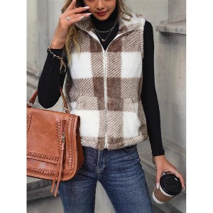 Women's Plaid Fleece Vest Stand Collar Sleeveless Waistcoat Jacket Soft Winter Layering Piece - 1 of 3