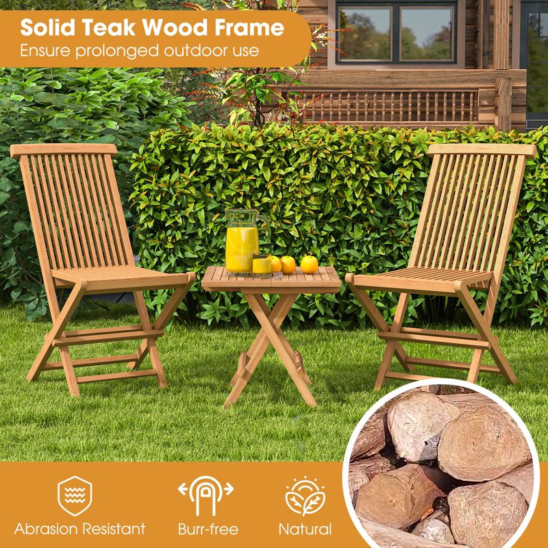 Costway 3PCS Patio Bistro Set Round Table Indonesia Teak Wood Folding Chair Slatted Tabletop Seat, 4 of 10