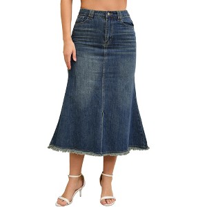 INSPIRE CHIC Women's Denim High Waisted A-Line Fishtail Hem Long Jean Skirt - 1 of 4