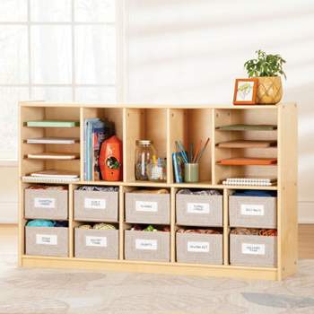 Guidecraft EdQ Shelves and 10 Bin Storage Unit 30": Wooden Bookshelf with Cubbies, Classroom and Homeschool Educational Furniture