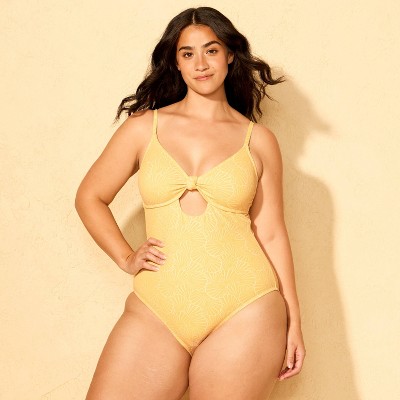 Shade & Shore Women's Jacquard Knot-Front Keyhole Scoop Neck Full Coverage One Piece Swimsuit - Shade & Shore™ Yellow L — фото 4