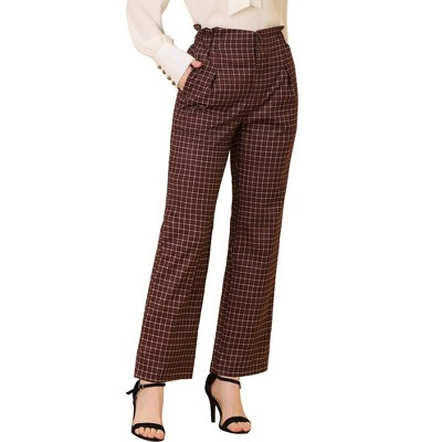 Allegra K Women's High Waist Casual Plaid Tartan Straight Leg Long Pants