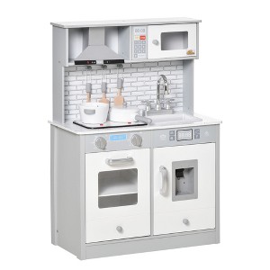 Qaba Kids Kitchen Play Cooking Toy Set, Wooden Kitchen Play Set with Sound & Light Effect, Battery Operated Cooktop, Ice Machine, for 3+ Years Old - 1 of 4