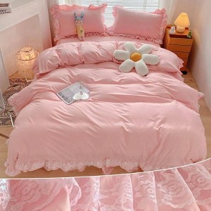 Chic Ruffle Lace Polyester Duvet Cover Set - Girl Pink Bedding - 3 Piece Full Duvet Cover with Zipper Closure - Lightweight Pink, Full - 1 of 4