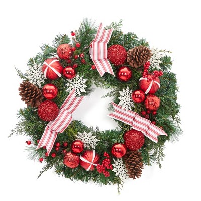 24 Inch Front Door Christmas Wreath with Bow Berry Cone Pine Needles Christmas Wreath for Home Door Wall Party Christmas Decoration