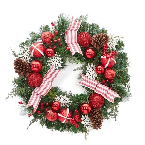 24 Inch Front Door Christmas Wreath with Bow Berry Cone Pine Needles Christmas Wreath for Home Door Wall Party Christmas Decoration - 1 of 4