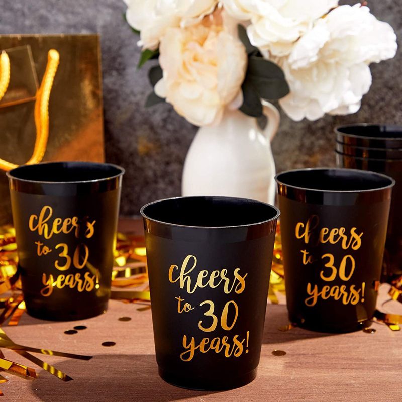 Sparkle and Bash 16 Pack Black Plastic Tumbler Cups for 30th Party, Cheers to 30 Years (16 oz), 2 of 7