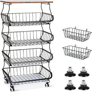 Infurnic Utility Storage Carts Multifunctional Cart with Solid Wood Top Stackable Baskets Ventilated Design Wheels, Black, 16.20"*12"*34" - 1 of 4