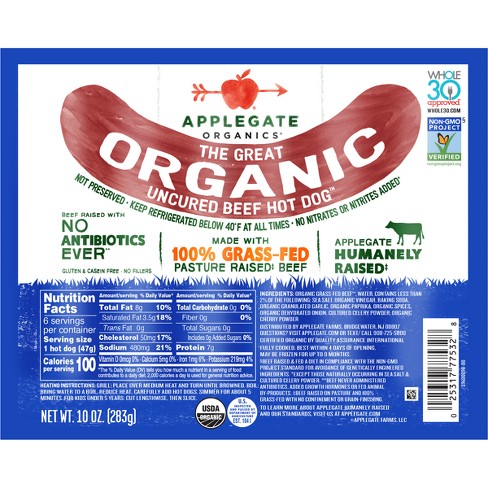 Applegate Grassfed The Great Organic Uncured Beef Hot Dog - 10oz - image 1 of 4