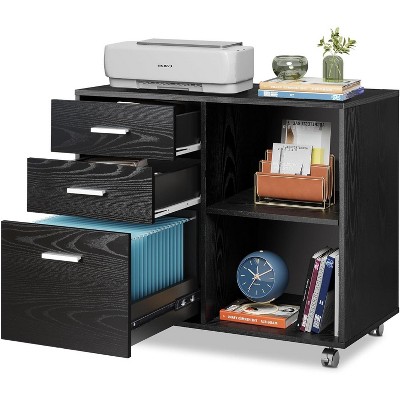 Black 3-Drawer Mobile Wood File Cabinet with Open Shelves