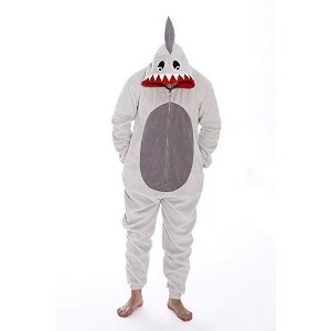 #followme Mens One Piece Shark Adult Bodysuit Faux Shearling Hoody Pajamas - 1 of 1