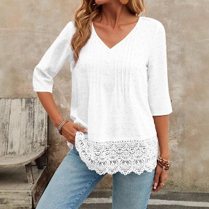 Coolmee Women's 3/4 Length Sleeve Tops V Neck Casual Pleated Tunic Tops Loose Fit Shirts Blouses - 1 of 4