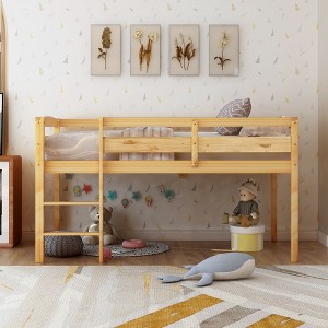 PAGED Simple Wooden Low Loft Bed Bunk Bed, Twin Size Bed Frame with Ladder and Full Length Guardrail for Kids, Teens - 1 of 4