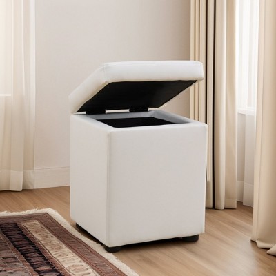 DOMETOUR Pure White Cat-Scratch Leather Square High Stool with Storage for Living Room