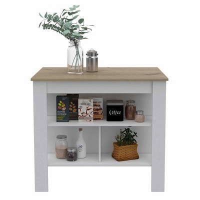 TUHOME ABD5011 Cala 3 Shelf Wooden Casual Kitchen Pantry Storage Island/Coffee Bar Prep Station Dining Area Cabinet, White Base/Light Oak Top