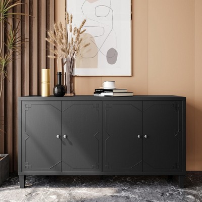 Accent Cabinet 4 Door Wooden Cabinet Sideboard Buffet Storage Cabinet, for Living Room, Entryway, Matte Black