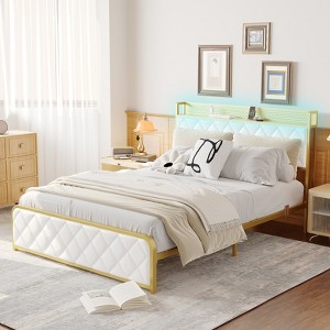 King Bed Frame with LED Light and Charging Station,Upholstered  Platform with Storage Headboard and Footboard,Metal Slat Support,Easy to Assemble - 1 of 4