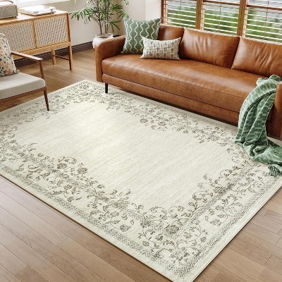 Washable Floral Print Area Rug with Bordered Design, Non-Slip, Ultra-Thin, Stain Resistant Floor Carpet for Living Room, Bedroom & Office