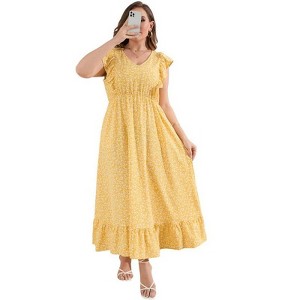 Coolmee Women's Plus Size Summer Boho Dress Ruffle Cap Sleeveless V Neck Long Beach Maxi Dress - 1 of 4