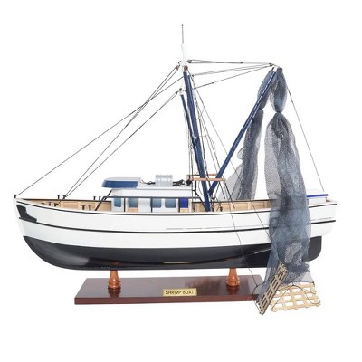 Wooden Shrimp Boat Model 25" - Black & White Finish with Nets and Crates - Handcrafted Fishing Vessel BY Old Modern Handicrafts