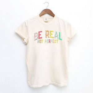 Simply Sage Market Women's Be Real Not Perfect Gold Short Sleeve Garment Dyed Tee - L - Ivory - 1 of 3
