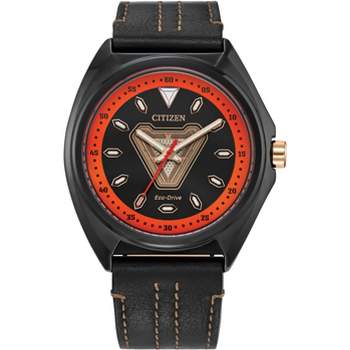 Citizen Marvel Eco-Drive featuring Tony Stark 3-hand Grey IP Black Leather Strap