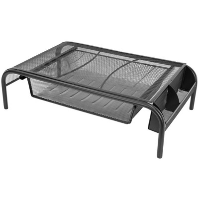 Mount-It! Computer Monitor Stand with Drawer and Storage, Black Metal Mesh Monitor Riser and Organizer for Single Display or Laptops