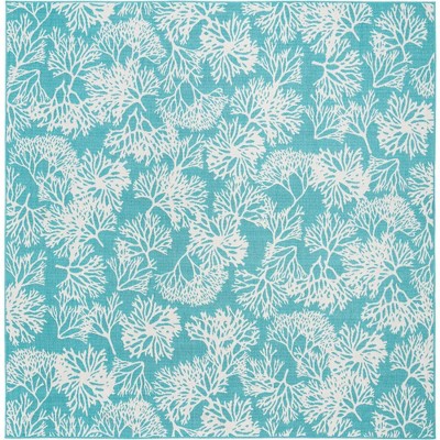 Teal and Ivory Synthetic Square Outdoor Rug