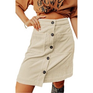 Women's Corduroy A-Line Mini Skirt - High Waisted Button Down Short Skirt with Pockets Beige - 1 of 4