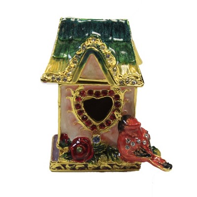 Hinged Trinket Box 2.25" Cardinal Bird House Red Bird Crystals Flower  -  Decorative Figurines