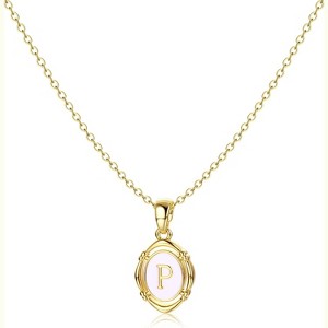 14K Gold Plated Oval Initial Necklace White Enamel Personalized Jewelry - 1 of 4