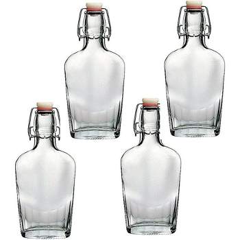 Bormioli Rocco Fiaschetta Glass 8.5 Ounce Hermetic Pocket Flask, Set of 4, Clear w/ White/Red Stopper