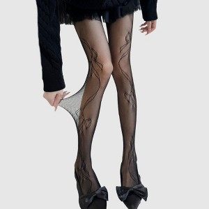 Anna-Kaci Women's Sheer Bow Line Pattern Tights with Soft Stretch Mesh, Delicate Ribbon Artwork, and Smooth Knit Finish - 1 of 4