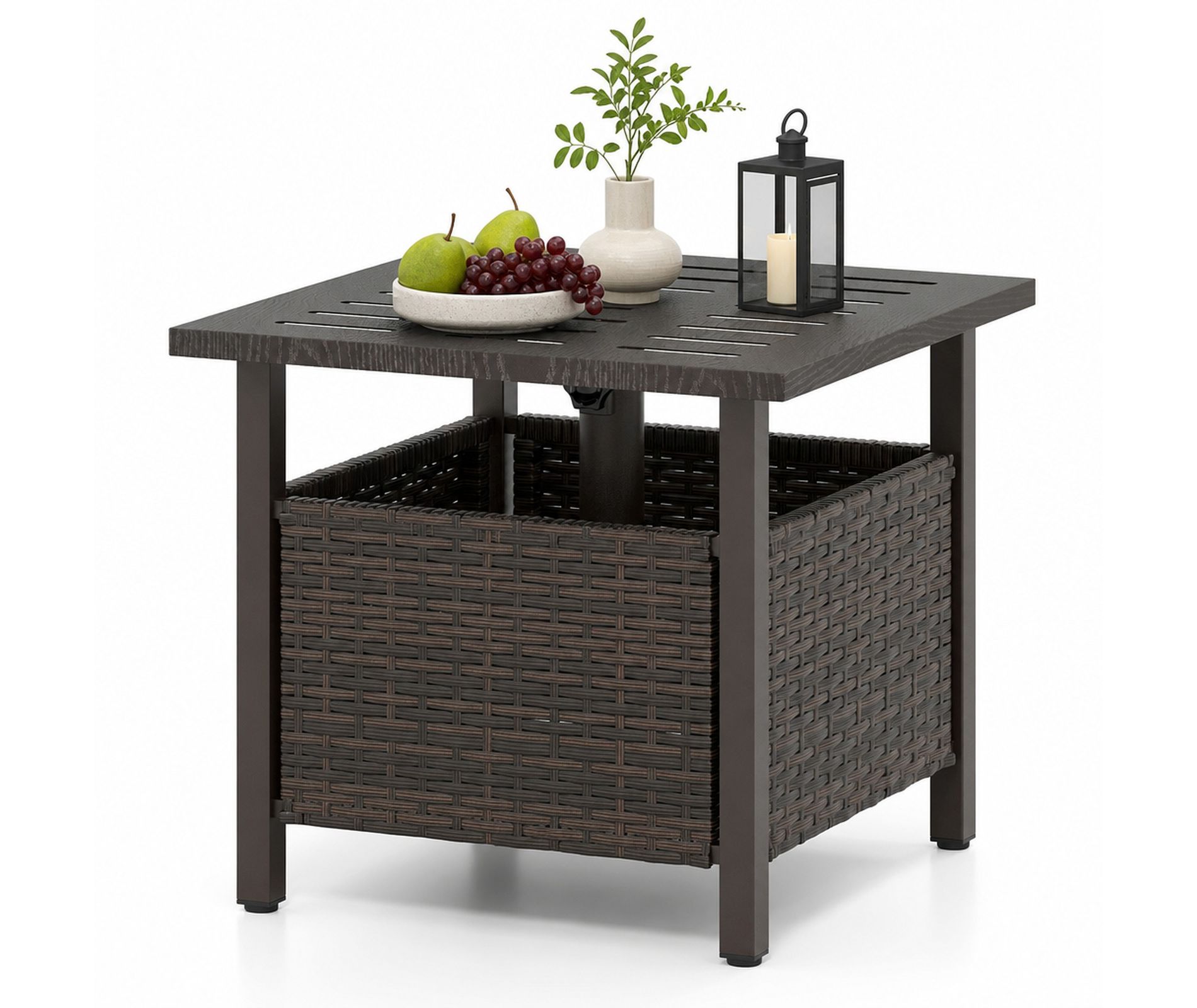 All-Weather PE Wicker Outdoor Coffee Table with Umbrella Hole for Patio Porch Backyard, Fade-Resistant Square Design, 265 lb Capacity, Brown