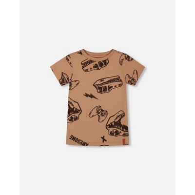 Deux par Deux Boy Printed Organic Cotton Tee Beige and Black Dinos - 7 Years