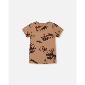 Deux par Deux Boy Printed Organic Cotton Tee Beige and Black Dinos - 1 of 4
