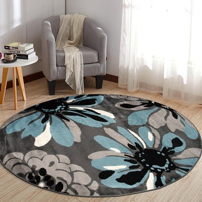 Blue and Gray Synthetic Round Floral Area Rug