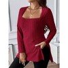Women Plus Size Top Fall Lightweight Square Neck Long Sleeve Shirts Side Split Ribbed Knit Sweaters - 2 of 4