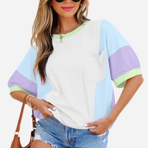 Amaryllis Women’s Colorblock Short Sleeve Pullover Top Relaxed Fit Crew Neck with Front Pocket Contrasting Trim - 1 of 4