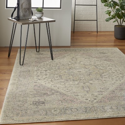 Ivory and Pink Synthetic Rectangular 6' x 9' Area Rug