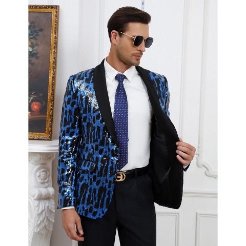 YesFashion Men Shiny Sequin Blazer Suit Fashion One Button Tuxedo Jacket for Party,Show,Banquet,Prom Black blue_ _M