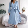 Women Fall Casual Pleated Long Sleeve Maxi Dress V Neck Button Boho Flowy Swing A Line Long Dress with Belt - 2 of 4