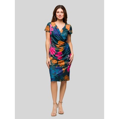 24seven Comfort Apparel Womens Blue Floral Knee Length Short Sleeve Faux Wrap Dress