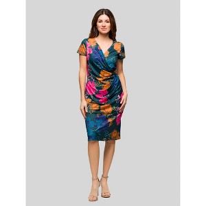 24seven Comfort Apparel Womens Blue Floral Knee Length Short Sleeve Faux Wrap Dress - 1 of 4
