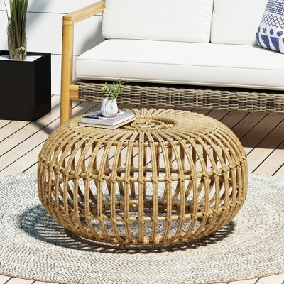 QingMoon Round Rattan Coffee Table, Outdoor Wicker Side Table, All-Weather and Rust Resistant for Living Room, Poolside, Garden and Yard